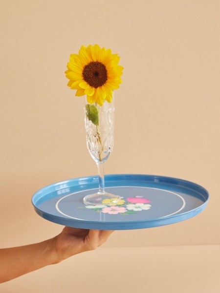 Metall-Tablett rund mit Blumen | Rice - Blau