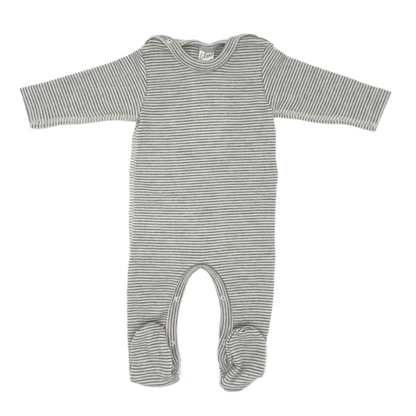Baby Strampler mit Fuß Ringel Wolle/Seide | Lilano - Grau