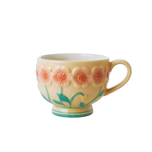Keramik Tasse mit erhabenen Blumen rundum | Rice - Beige